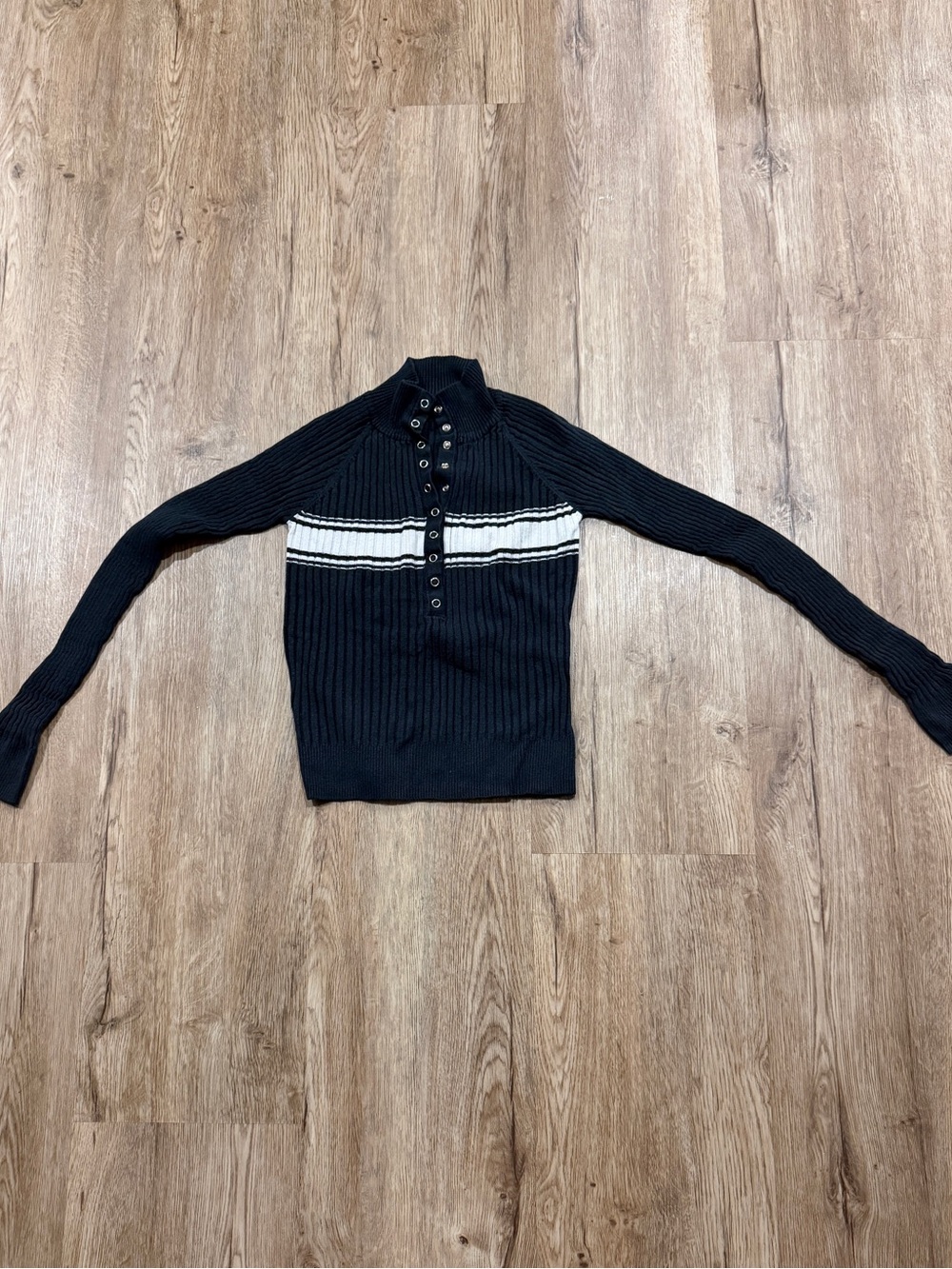 Vintage Y2K Ribbed Snap High Collar Sweater Blue White Stripe